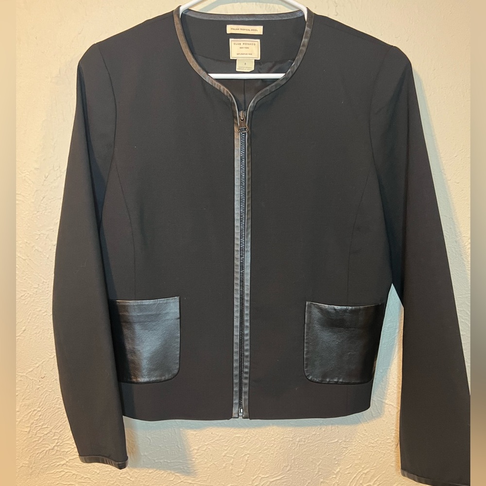 Club Monaco Black Italian Tropical Wool/Lambs Leather Career Blazer Jacket